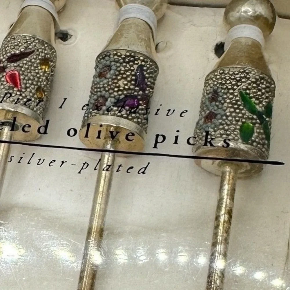 Pier 1 Imports‎ Jeweled Olive Picks Silver Plated 2 Boxes of 4 Cocktail Picks